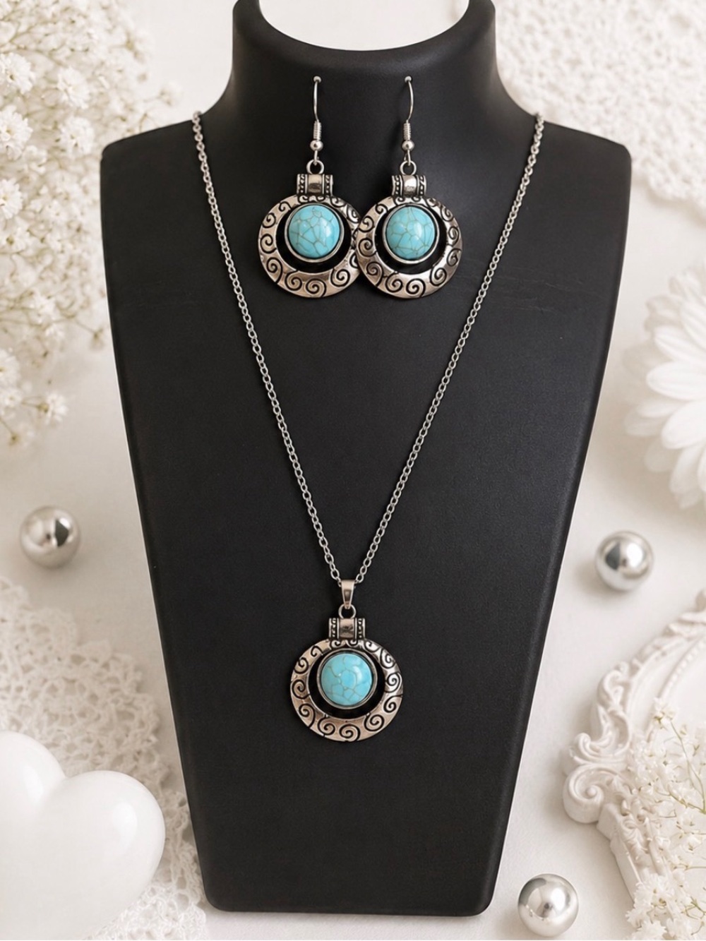 Turquoise Stone Silver-Tone Pendant Necklace & Earrings Set